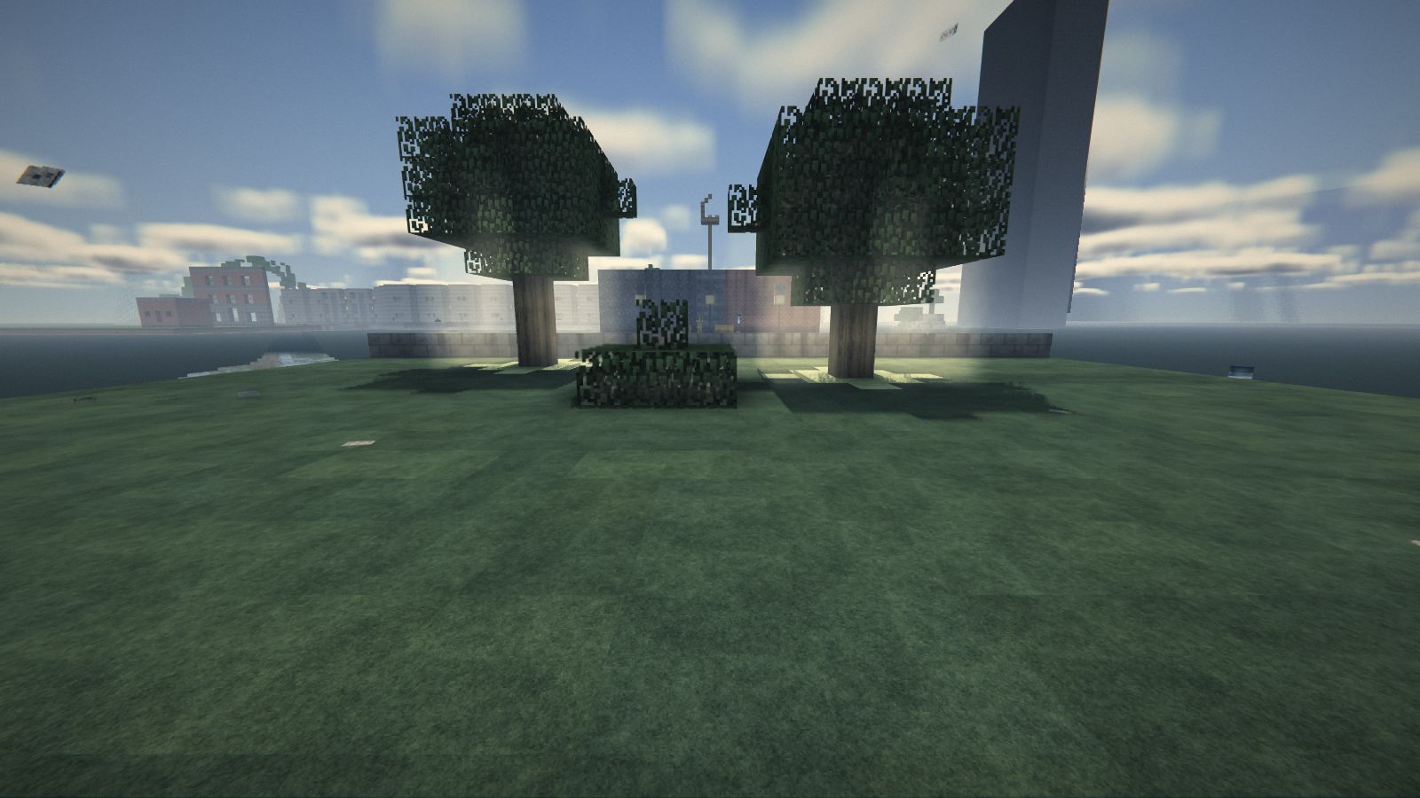 Le même jardin avec l’herbe plate et les feuilles de Minecraft