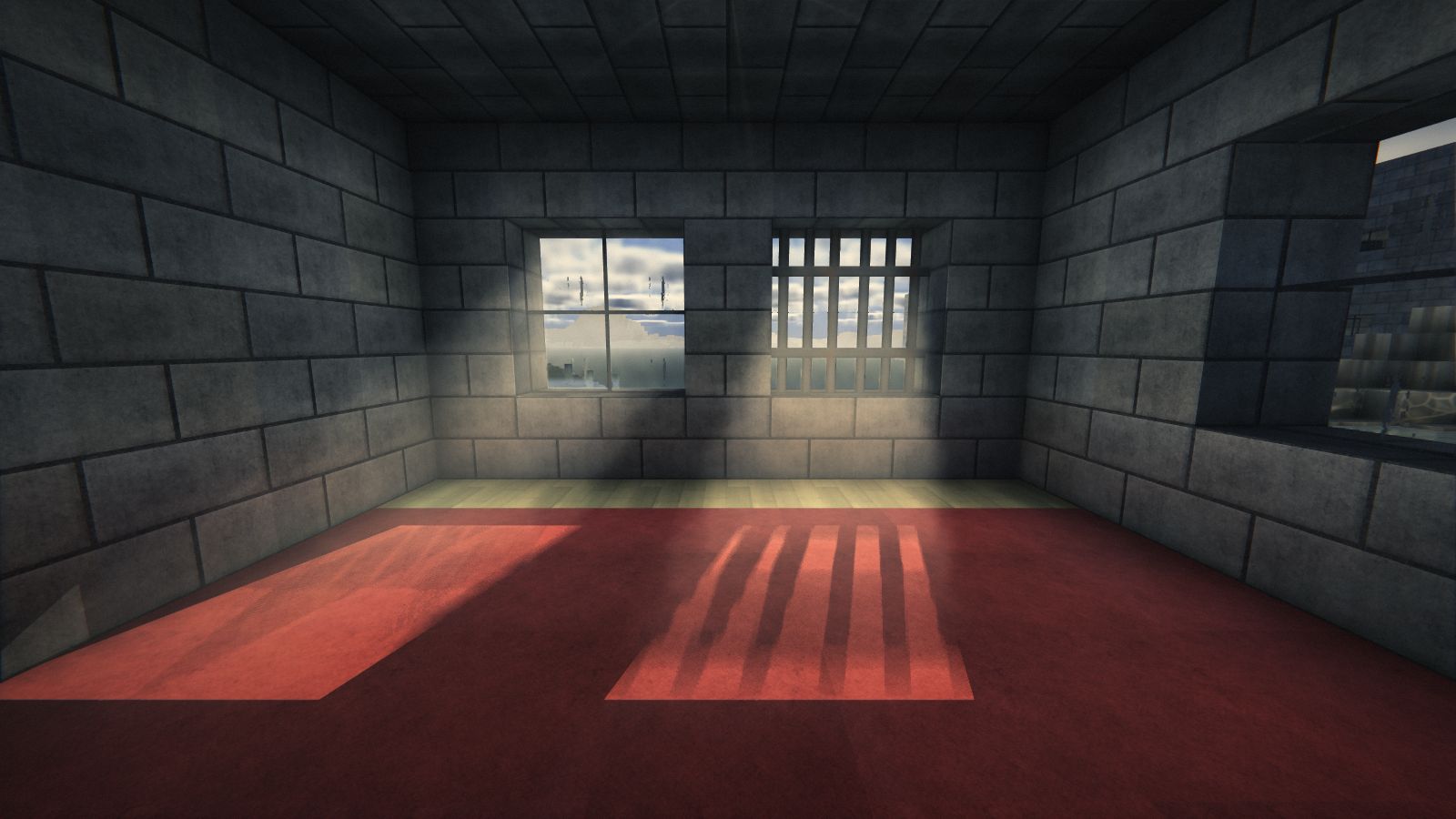 Le soleil sur un tapis rouge teinte de rouge les murs et le plafond de la pièce