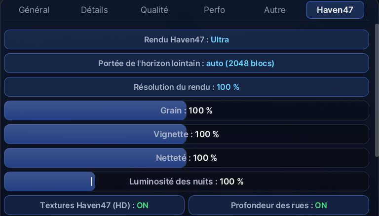 Le menu Vidéo, onglet Haven47 : réglage général, résolution du rendu et curseurs des réglages fins