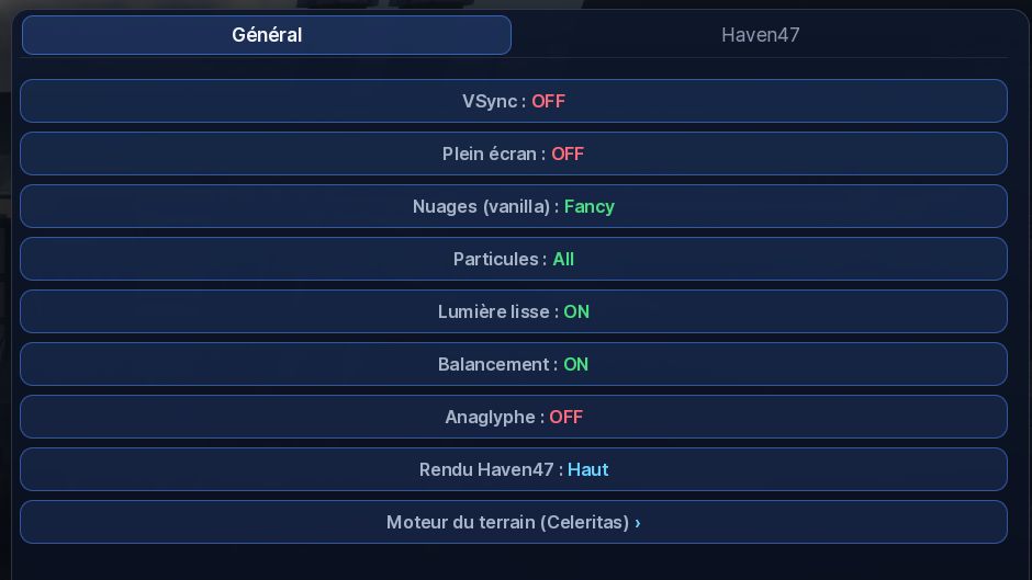 Le menu Vidéo sans OptiFine : onglets Général et Haven47, bouton Moteur du terrain