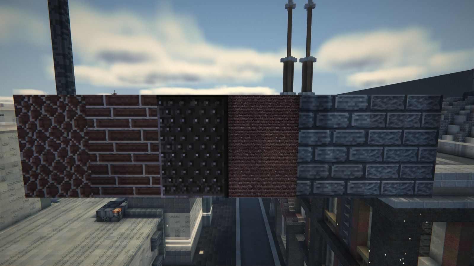Dans le modpack, un mur de blocs de Chisel et de Realistic Blocks en relief au-dessus des toits de la ville