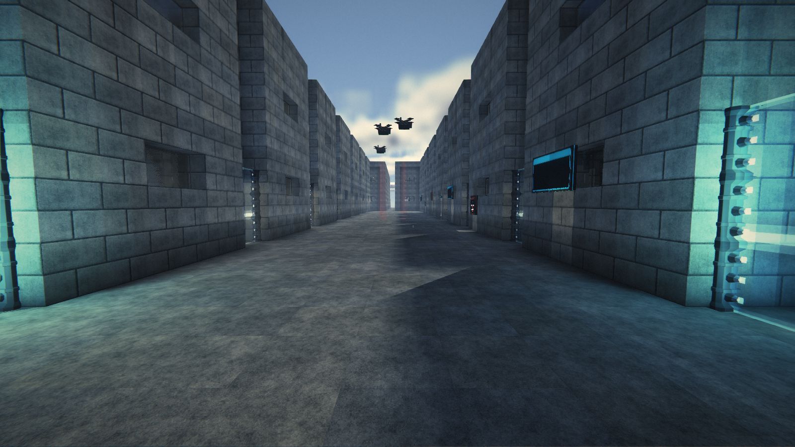 Avenue de la ville de test avec le moteur Haven47 : textures HD, ombres, brume bleutée